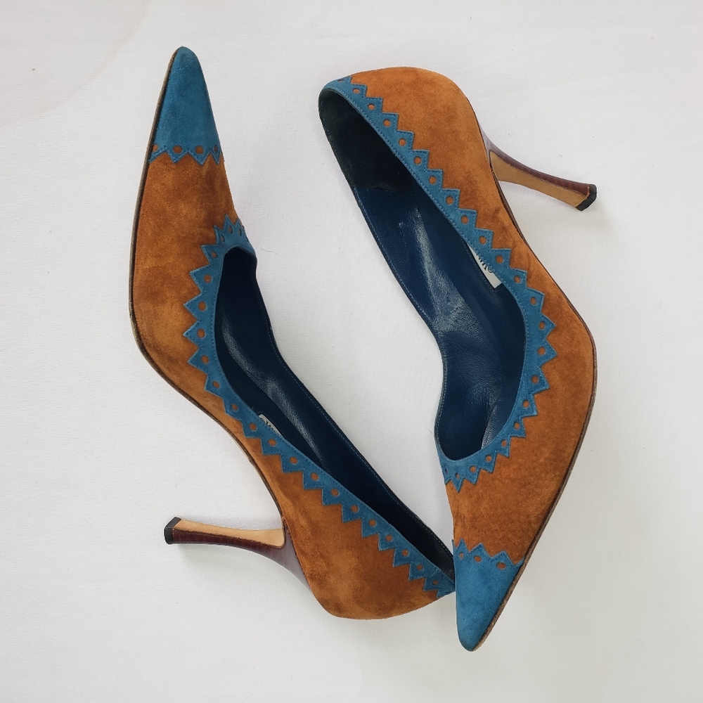 Manolo Blahnik Teal Tan Heels Pointy Toe - Picture 11 of 12